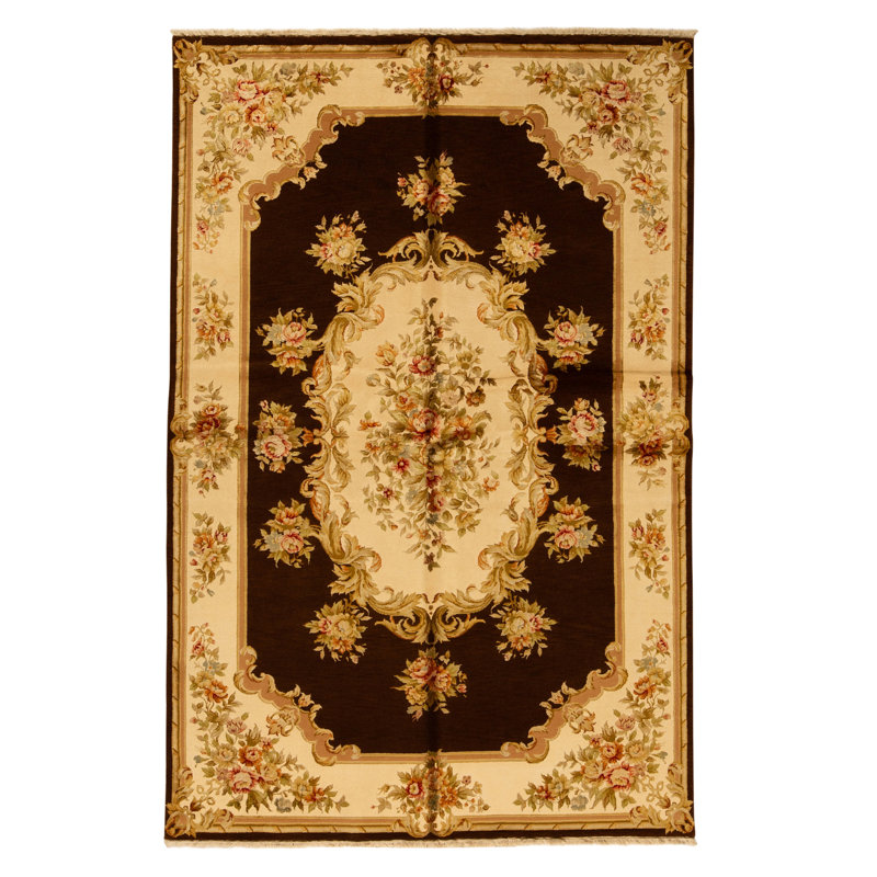 Tapis brun et crème noué à la main de haute qualité