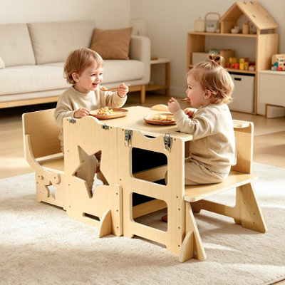 Tour d'apprentissage pour tout-petits, marchepied de cuisine 6 en 1 pour enfants de 1 à 5 ans, ensemble table et chaise Montessori, en bois, tour d'apprentissage avec tableau noir et plateau repas, conçu pour la salle de bain et le comptoir de la cuisine