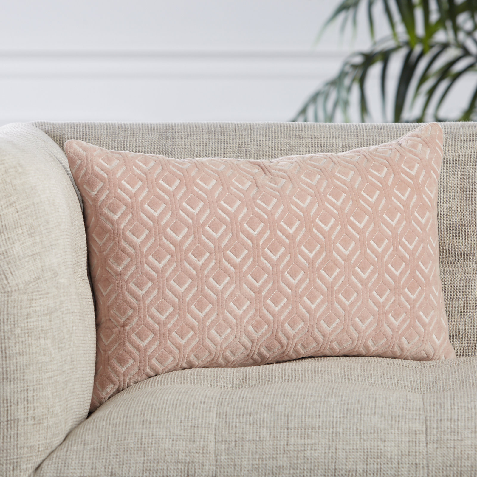 Ryans Embroidered Cotton Lumbar Throw Pillow, Polyester/Polyfill, Blush Trellis, Rectangle 13" H x 21" W