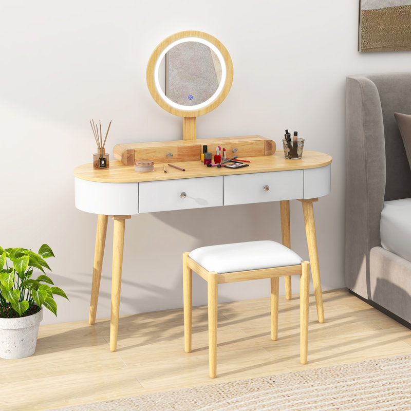 Ensemble de meuble-lavabo à miroir 4 tiroirs avec tabouret Kiree , Blanc/naturel