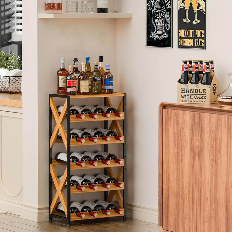 Support à vin pour 20 bouteilles, plancher autoportant avec plateau en bois, étagère de rangement à vin à 5 niveaux sans oscillation, support à bouteilles modulaire empilable pour la cuisine, la cave et le salon