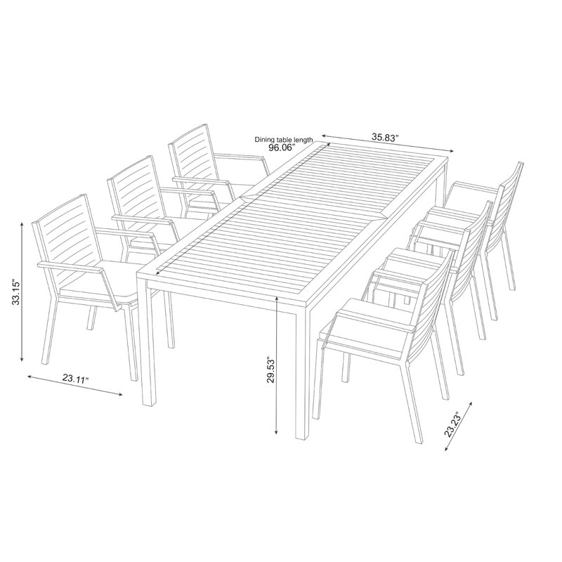 Outdoor Furniture Monterey 7 Piece Dining Set with 96 in. Table, Charcoal Aluminum/Natural Teak