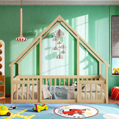 Wood House-Shaped Floor Bed With Fence, Guardrails