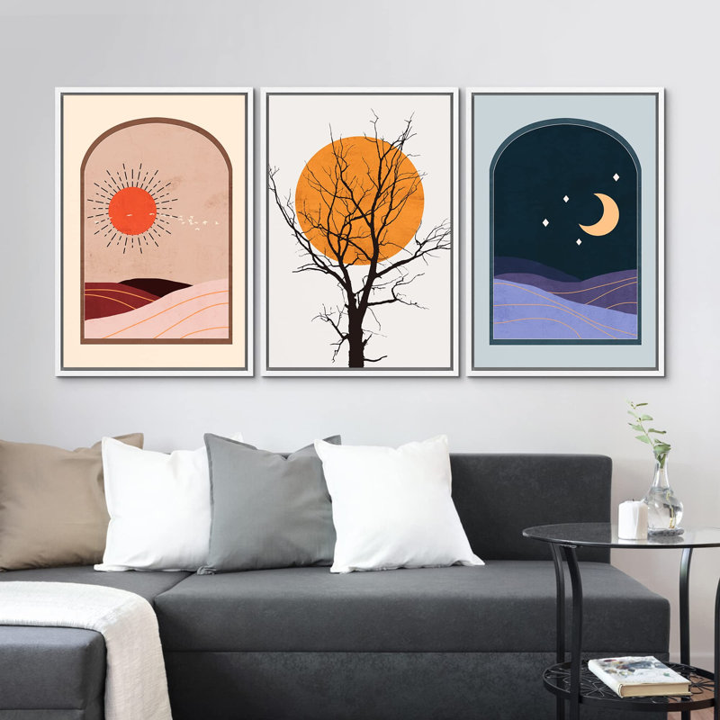 "Style méditerranéen, lune, soleil, arbre, variété, nature, illustrations abstraites, art moderne, décor bohème chic", 3 pièces