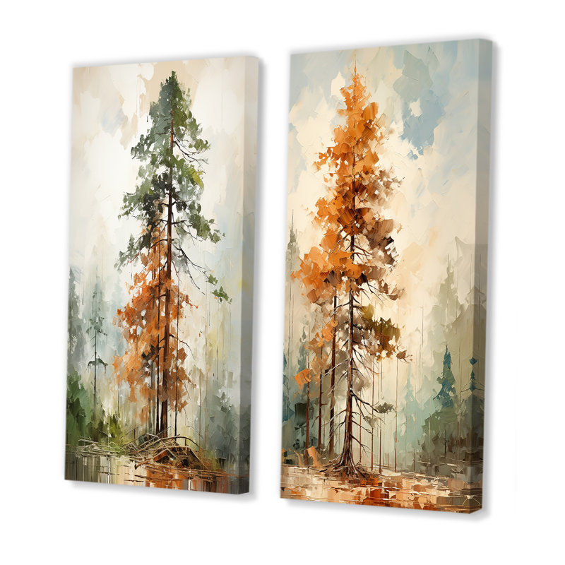 «Earthy Brown Forest of Redwood Trees», ensemble de 2 décorations murales arbre séquoia, Toile tendue, H 32 po x l 33 po