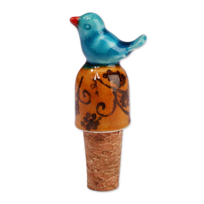 Winston Porter Handmade Blue Bird Spirit Ceramic Bottle Stopper