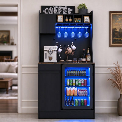 63.7'' H Coffee Bar Cabinet with Wine Rack and Glass Holder, Freestanding Home Liquor Bar Cabinet with Charging Station and LED Light, Coffee Station Cabinet With Adjustable Shelves for the Kitchen and Dining Room