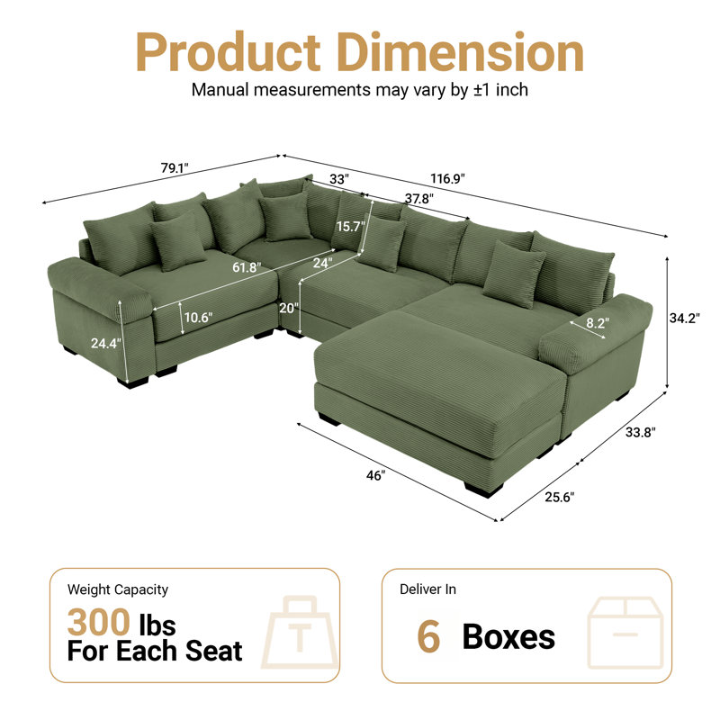 116.9" Corduroy Sectional Corner Sofa 5 Piece Oversized Modular Deep Seat Cloud Couch With Upholstered Movable Ottoman