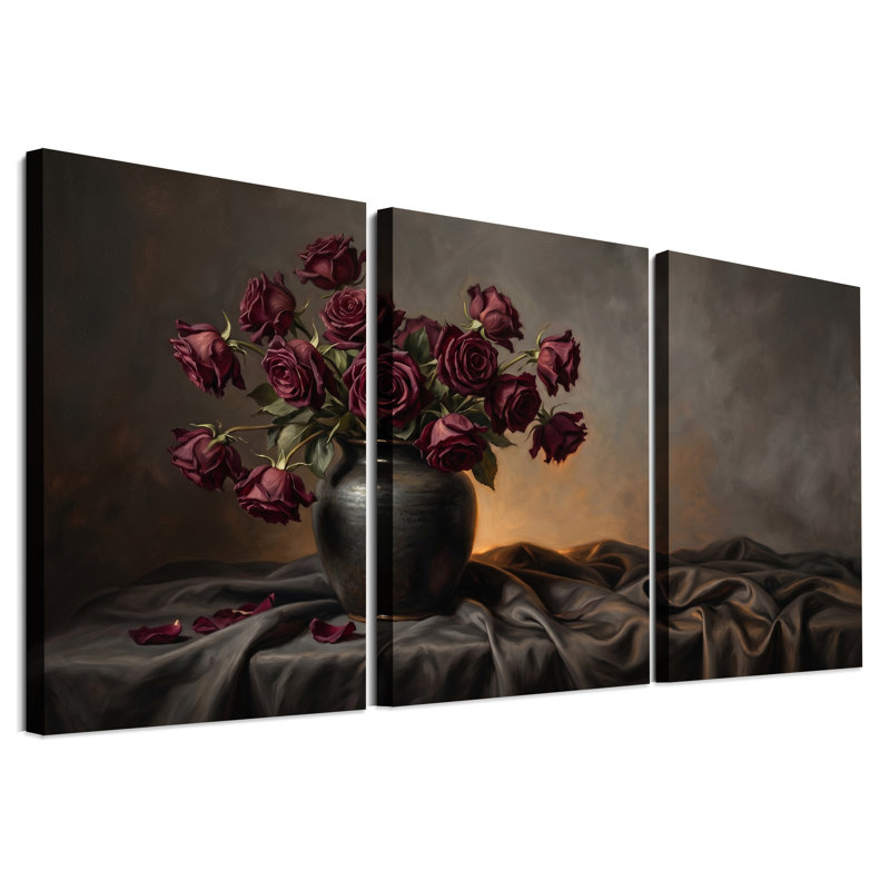 "Deep Red Roses" dans un vase foncé sur tissu tendu, ensemble de 3 toiles, 30"H x 20"W x 3pcs