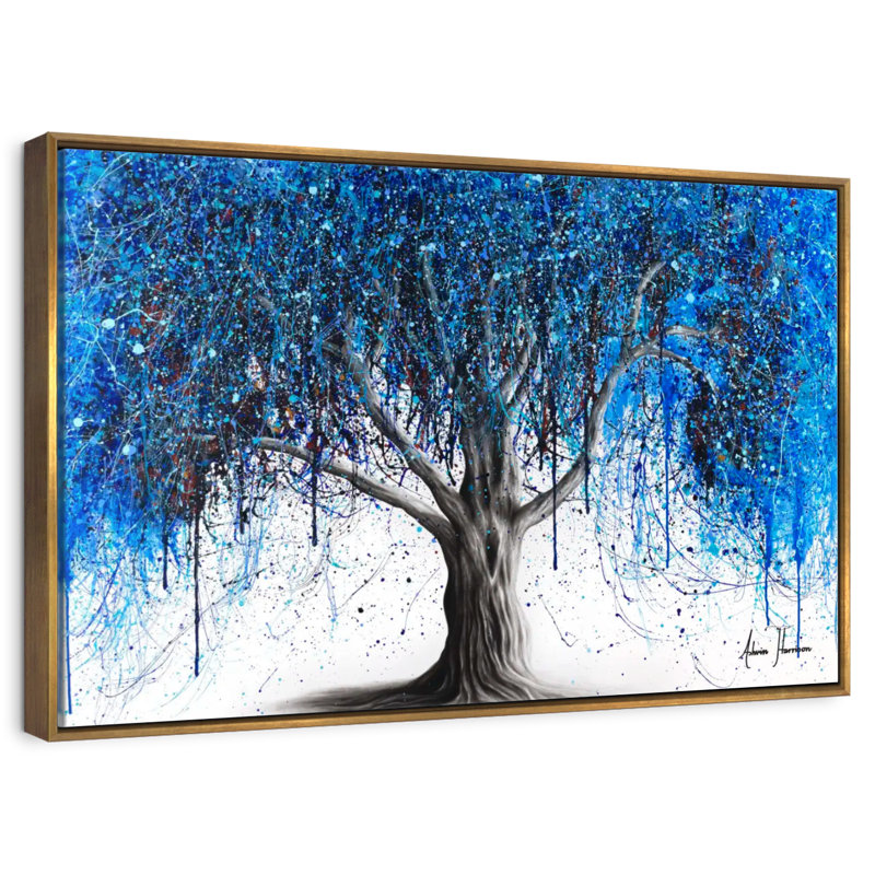 Arbre bleu au clair de lune, 19 po x 13 po, Cadre flottant doré