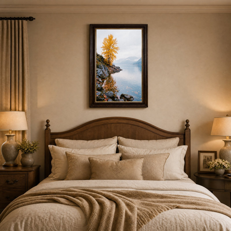 «Golden Autumn Tree on Rocky Shore» par Misty Lake, art mural sur toile, H 18 po x l 12 po