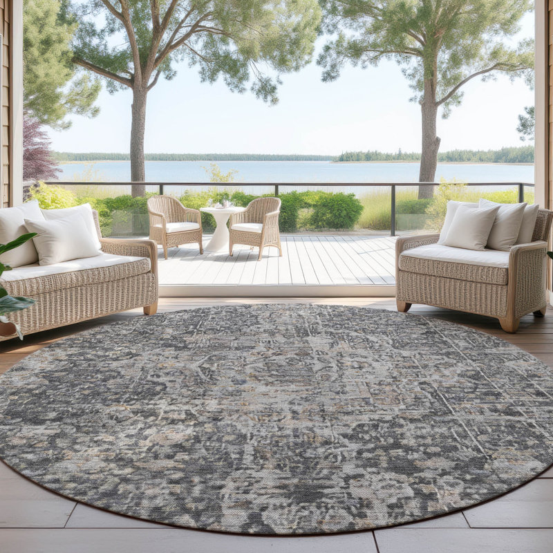 Tapis gris anthracite lavable à la machine intérieur / extérieur Claudian ACN1663, Rond 8 pi