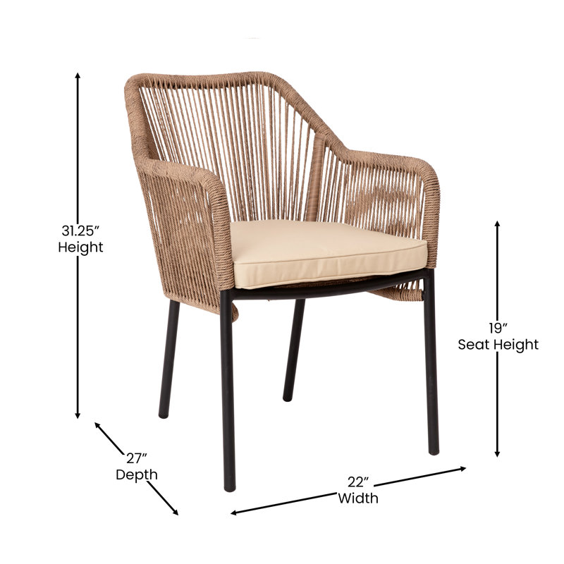 Natural Woven Metal Outdoor Dining Chairs with Cushions