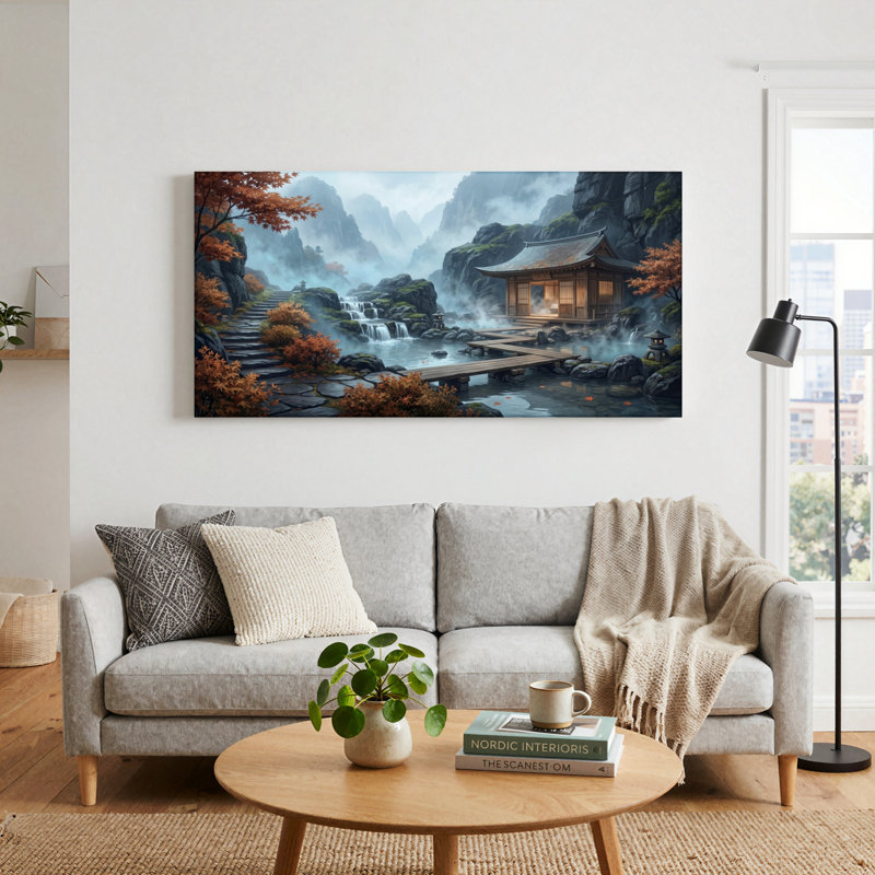 Ensemble de 1 tableau sur toile représentant un temple de montagne, L 58 po x H 28 po, Toile tendue
