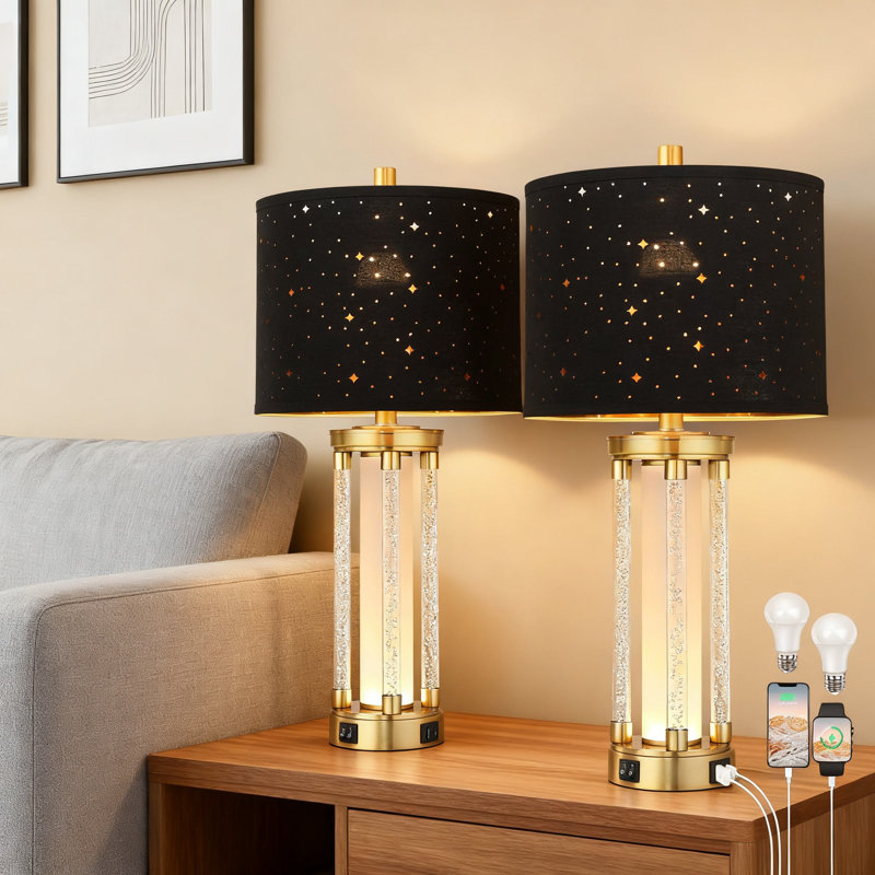 Ensemble de 2 lampes de table avec ports de charge USB A + C, lampes de chevet modernes avec veilleuse, abat-jour en forme d'étoile creuse pour chambre à coucher, bureau et salon