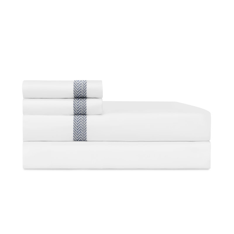 Houston Percale Sheet Set, White/Dark Denim, King Sheet Set