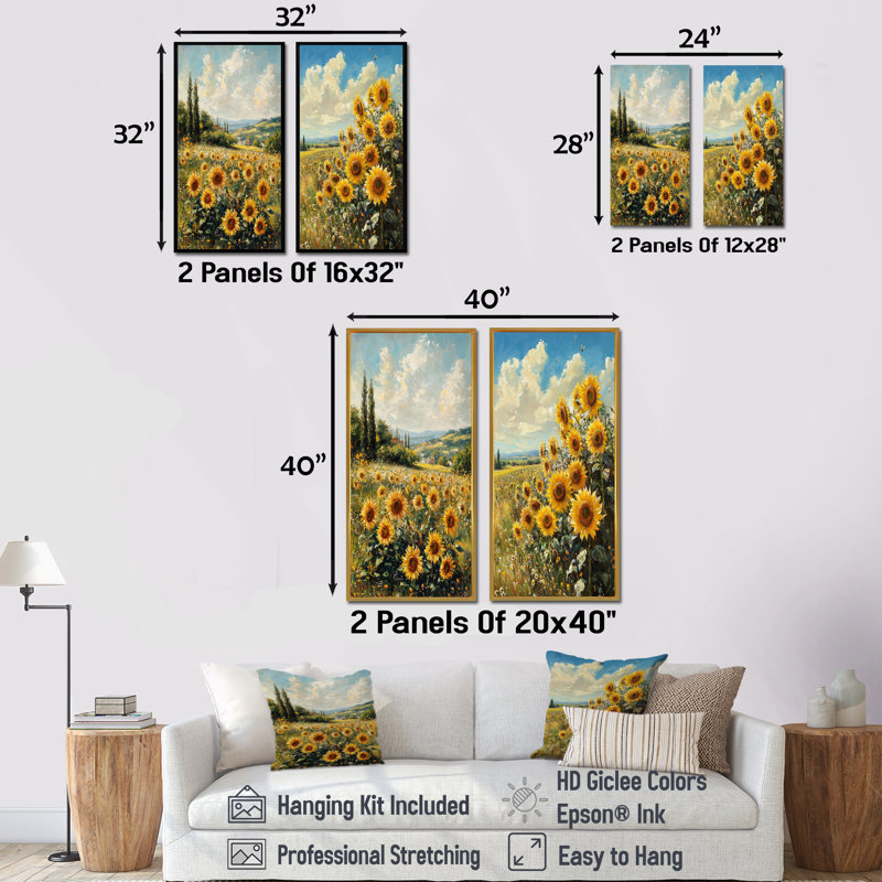 «White Meadow of Sunflowers I» - art mural floral 2 pièces, H 32 po x l 33 po, Cadre crème crème