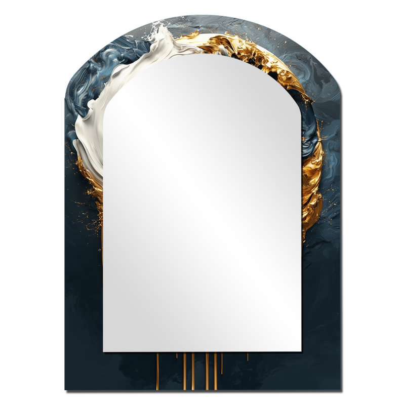 Black Gold Abstract Shapes And Lines II - Abstract Shapes Asymmetrical Large Wall Mirror, Gold Arch Decorative Mirror, Printed Metal Art
