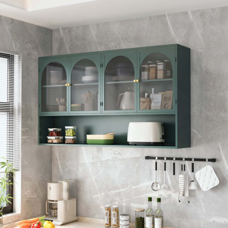 Four-Door Glass Wall Cabinet Storage, Wall-Mounted,Suitable For Kitchen, Living Room, Bathroom, Dark Green