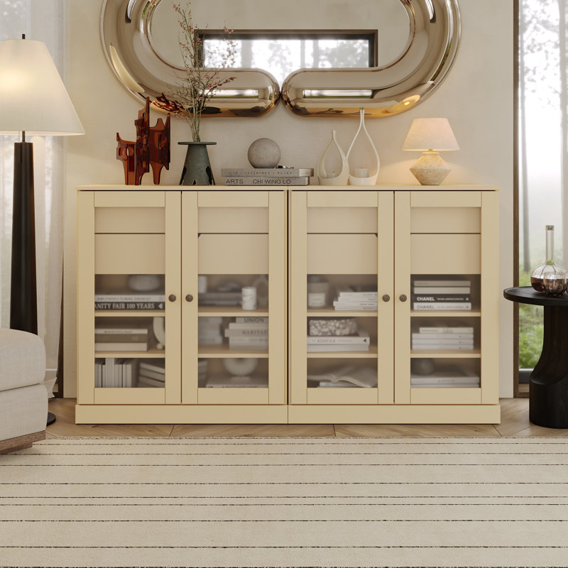 100% Solid Wood 64" Sideboard with Frosted Glass Doors, 4-Drawers and Adjustable Shelves, Yellow