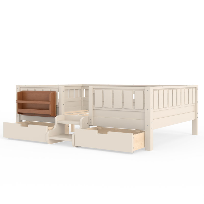 Double avec bibliothèque intégrée et tiroirs de rangement, escalier de sécurité et rails de sécurité de haute qualité, beige