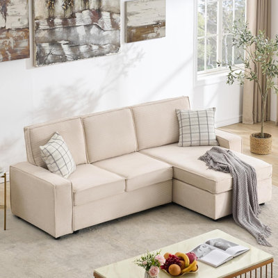 L-Shaped Modular Sectional Sofa, Deep Seat Corduroy Couch with Chaise, Convertible Sleeper Sofa, Beige