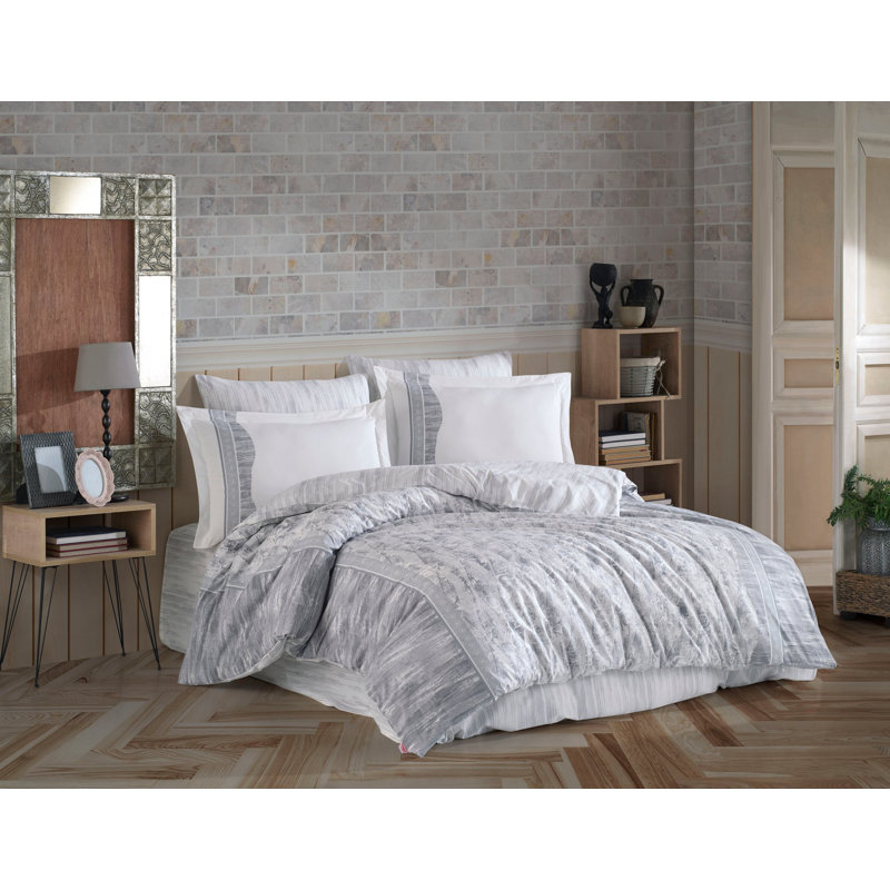 Ensemble de housse de couette 100% popeline de coton, gris et blanc | Housse de couette 63 x 87, drap plat 63 x 95, taie d'oreiller 20 x 28 | Lavable à la machine, 152 fils, fermeture à boutons pour couette et fermeture à enveloppe pour taie d'oreiller