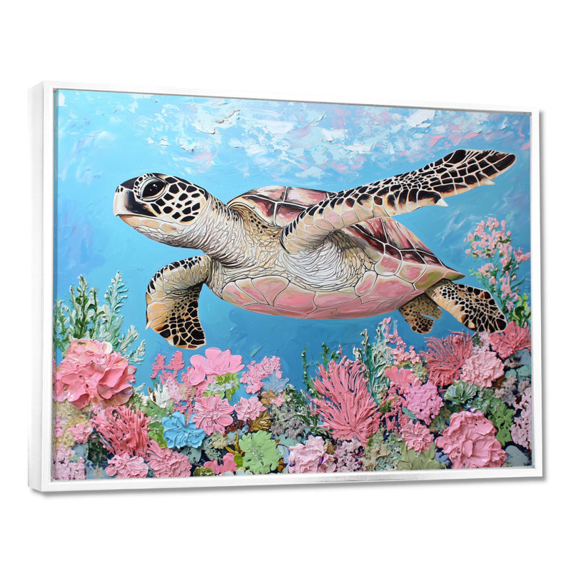 Décoration murale tortue dans le récif de corail II - tortue, Impression dans un cadre flottant sans passe-parto, Blanc
