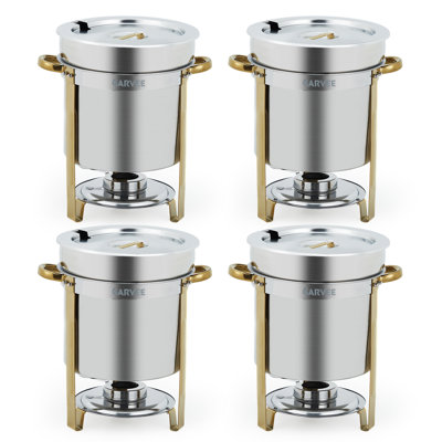7QT Stainless Steel Round Soup Warmers - 4 Pack Chafing Dishes with Notched Lids & Fuel Holders - Gold Finish - Commercial Buffet & Catering Equipment - Easy Clean - Set of 4
