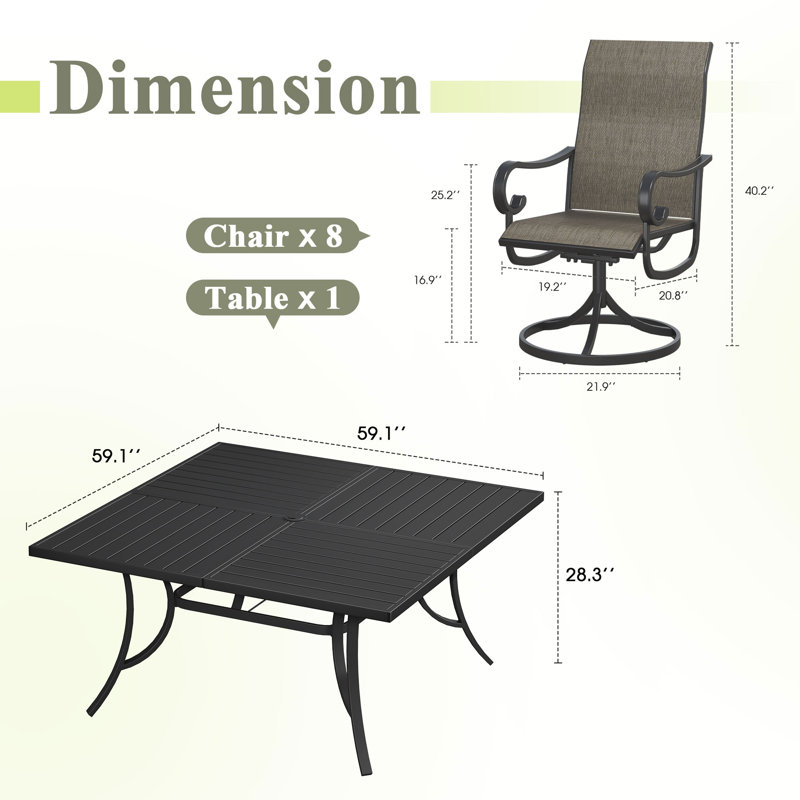 Ensemble repas pour 8 personnes avec chaises pivotantes 360 ° Textilene, Black/Brown