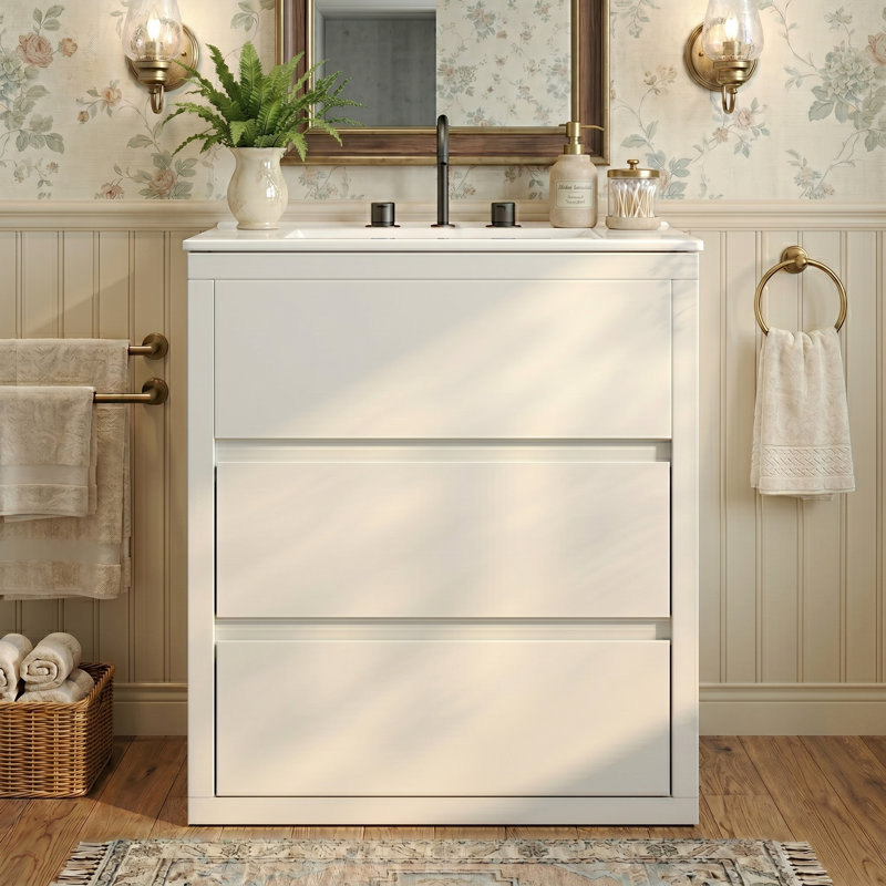 Meuble-lavabo simple autoportant 30 po avec plateau en céramique et tiroirs à fermeture en douceur, blanc brillant