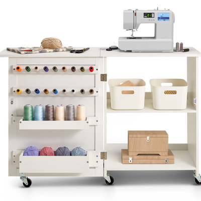 Folding Sewing Machine Table With 88 Lbs Weight Capacity, Locking , And Detachable Trays For Supplies Organization White Storage Shelves, 20 Wooden Pegs, Easy - To Maintain Feature