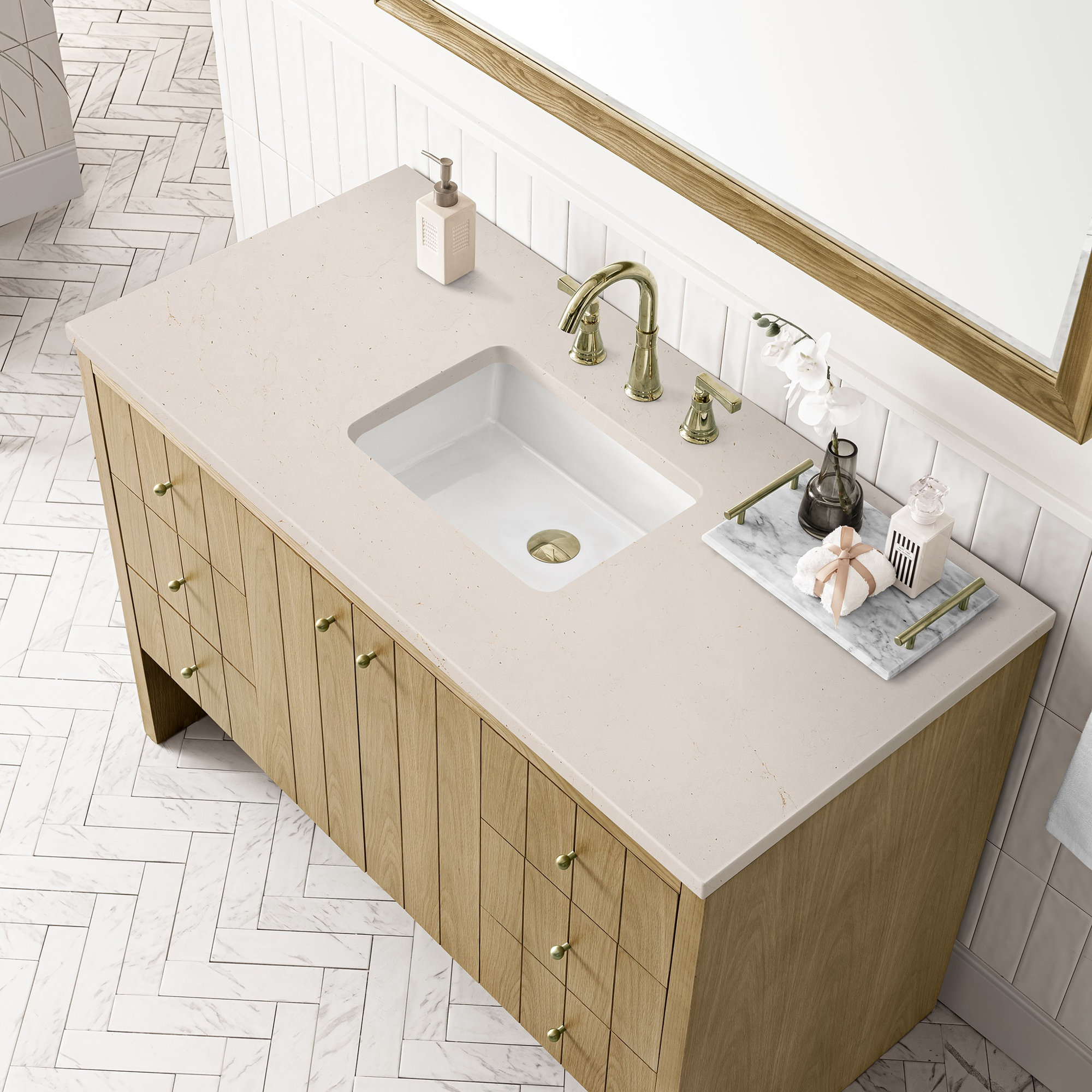 Hudson 48'' Single Bathroom Vanity, Eternal Marfil Quartz, 8" Widespread, Light Natural Oak