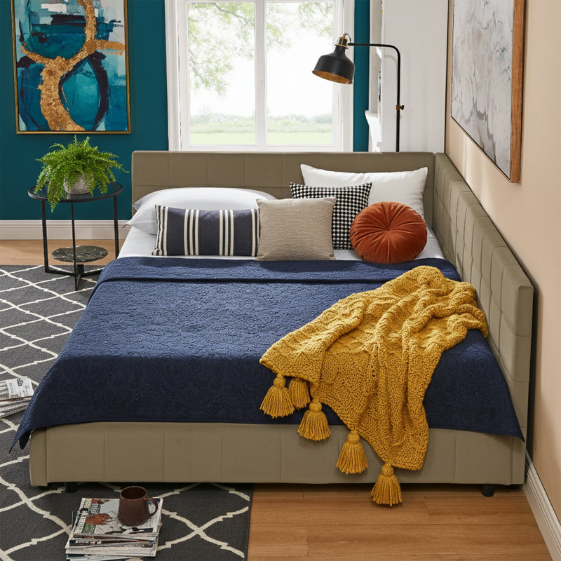 85.5 Inch W Queen Size Upholstered Tufted Daybed Frame With Backrest And Armrests Black Velvet, Brown