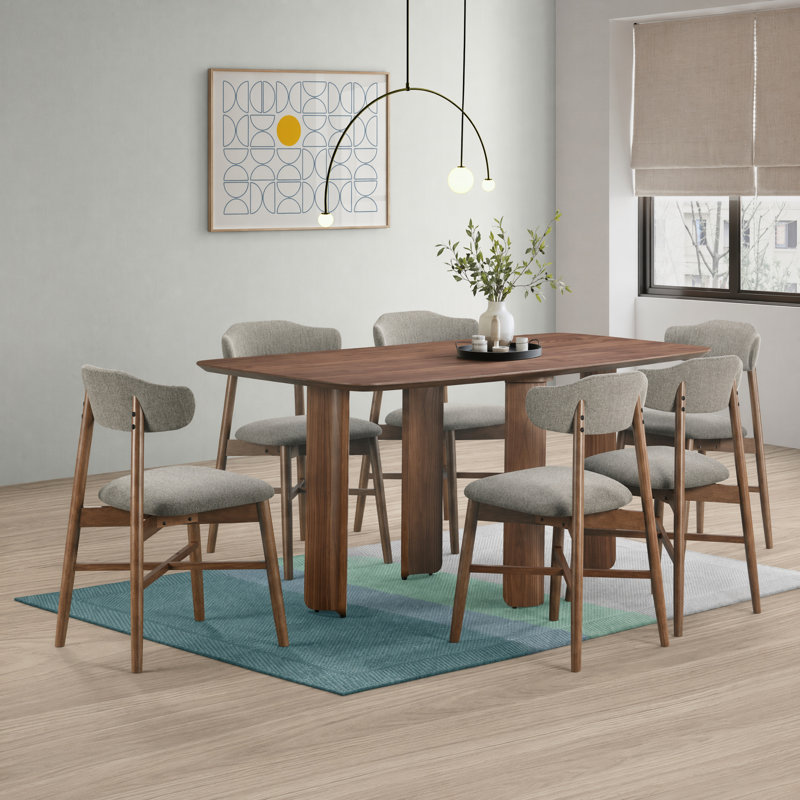 Coral Wood Upholstered Dining Set, Walnut, 7 Pieces: Table, 6 Chairs