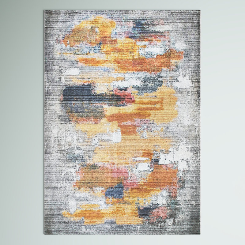 Tapis abstrait gris / jaune Amann, Rectangle 3 pi 11 po x 5 pi 7 po