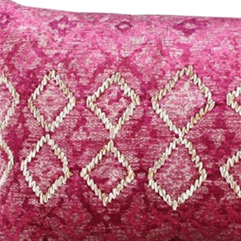 Pink and Ivory Embroidered Cotton Velvet Lumbar Pillow