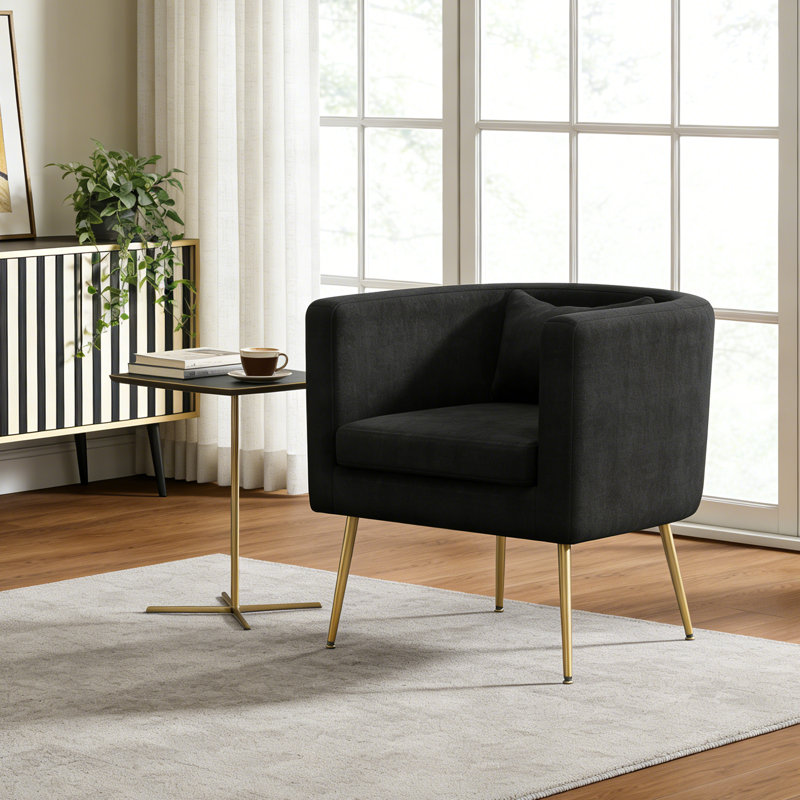 Upholstered Velvet Barrel Chair with Metal Legs, Black
