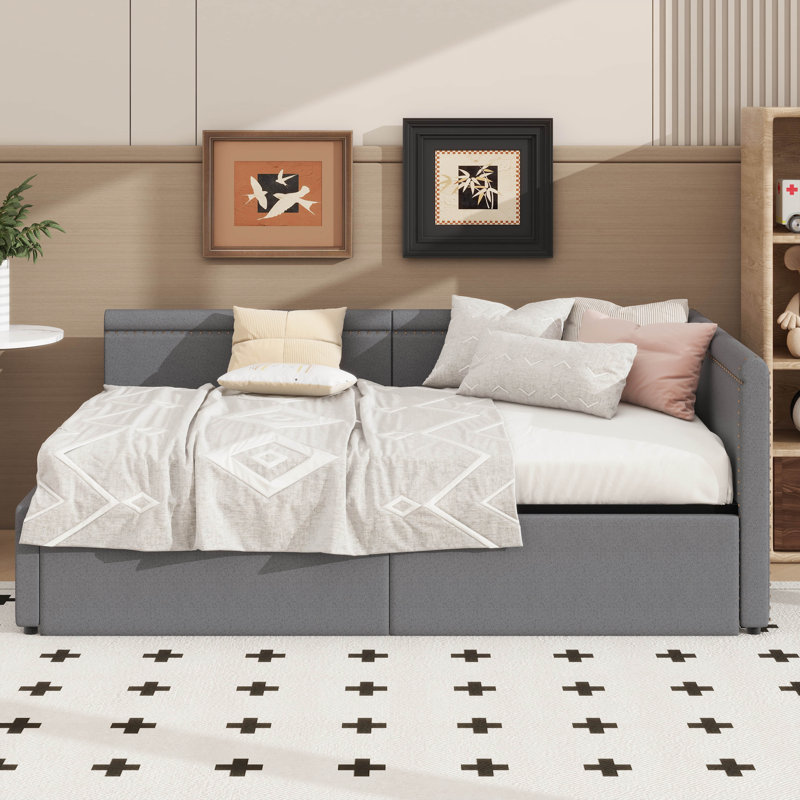 Lit de jour d'angle simple en L peu encombrant, avec tiroirs de rangement escamotables, Gris