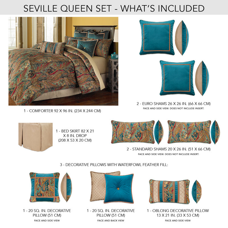 Seville 10 Piece King Comforter Set, Queen Comforter + 8 Additional Pieces