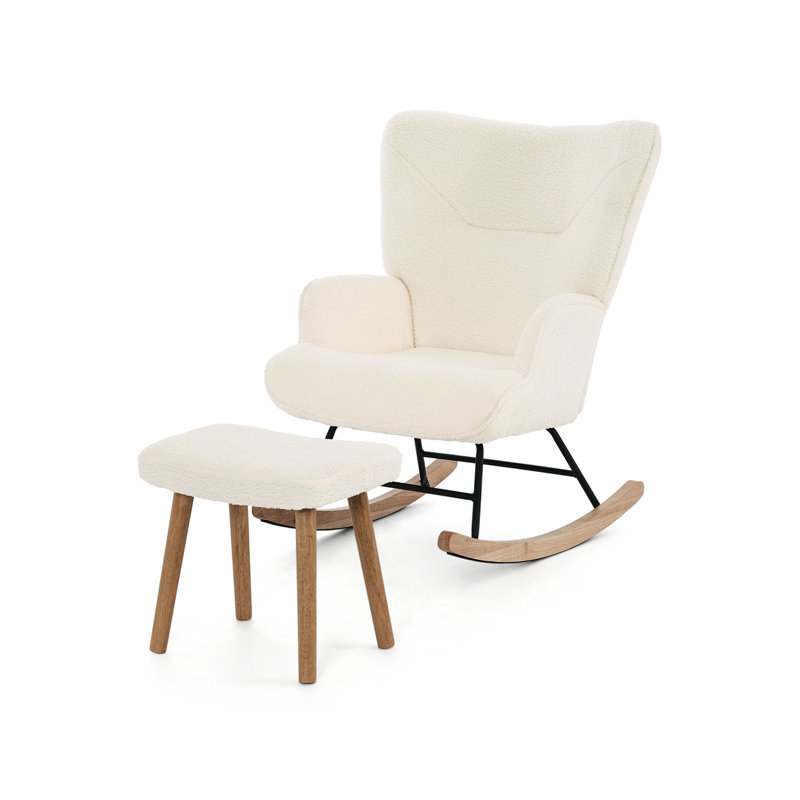 Solid Wood and Iron Rocking Chair, Teddy Fabric, Cream