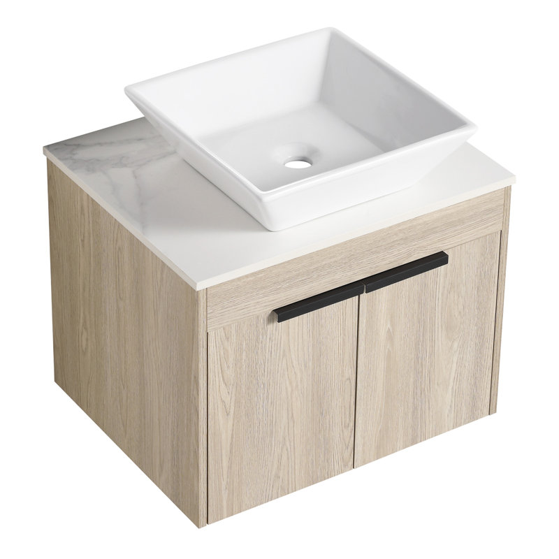 Ensemble de meuble-lavabo moderne 24 po avec lavabo en céramique, meuble-lavabo mural en chêne blanc avec porte à fermeture douce