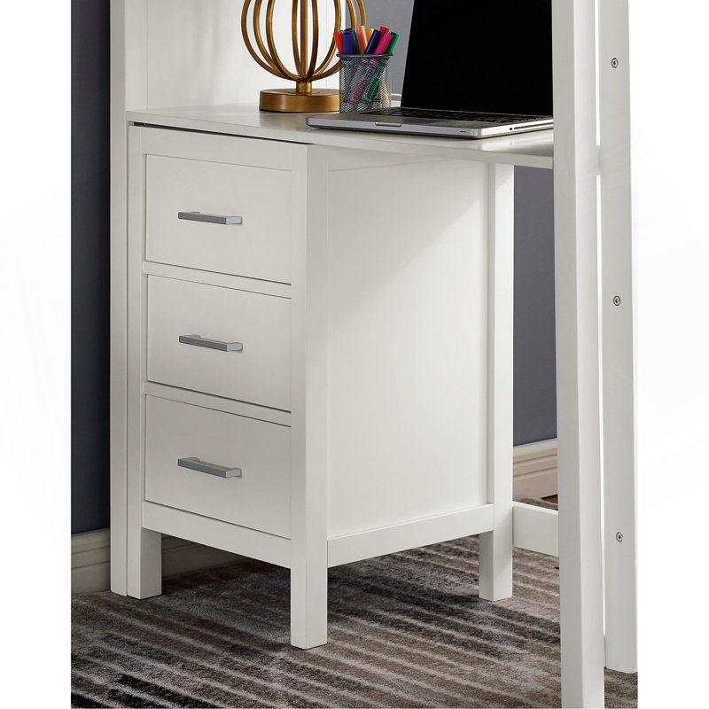 Lit mezzanine simple transitionnel avec huit tiroirs, trois grandes tablettes attachées et structure en bois, blanc