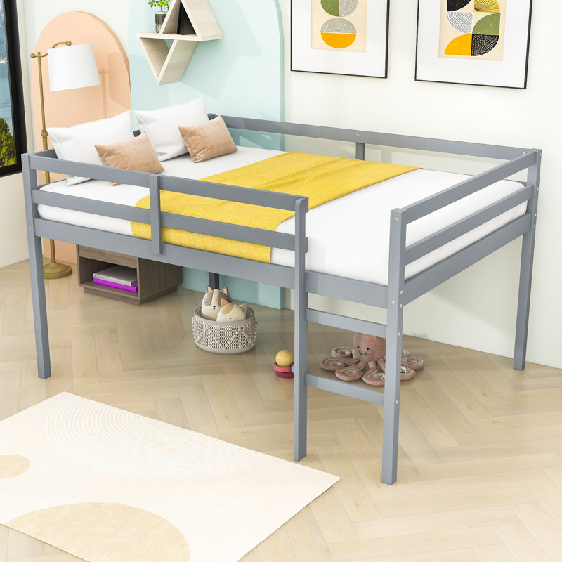 Full Wood Loft Bed With Ladder, Low-Height Design, Gray
