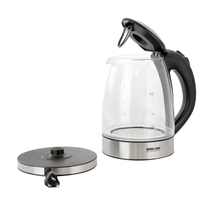 Bouilloire électrique en verre sans fil 1500w - Bouilloire en verre borosilicaté 1,7l avec ébullition rapide, base pivotante à 360 °, lumière DEL bleue et arrêt automatique