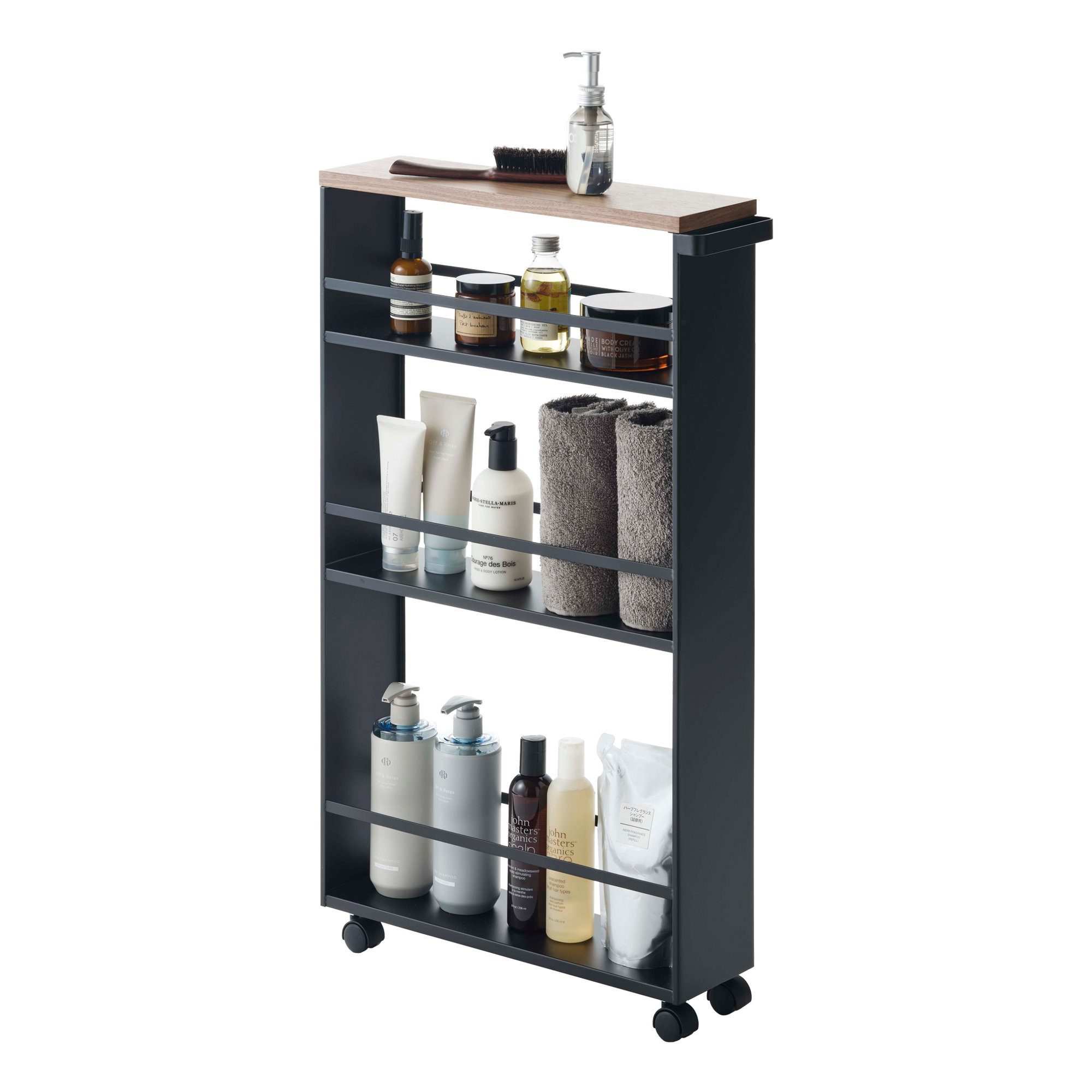 Tower Yamazaki Home Rolling Slim Storage Three Tier Utility Cart With Handle, Steel, Handle, Wheels, Black