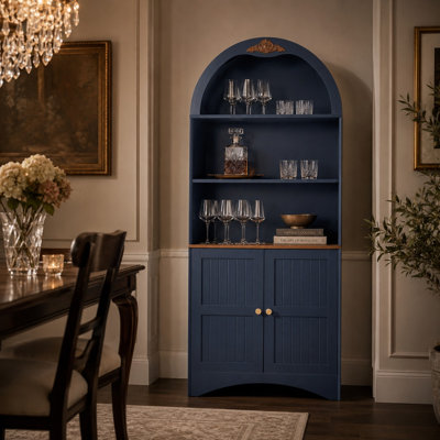 71" Arched Storage Cabinet with Adjustable Shelves, Freestanding MDF Pantry Cabinet with Doors & Open Display Shelf for Dining Room, Living Room & Kitchen