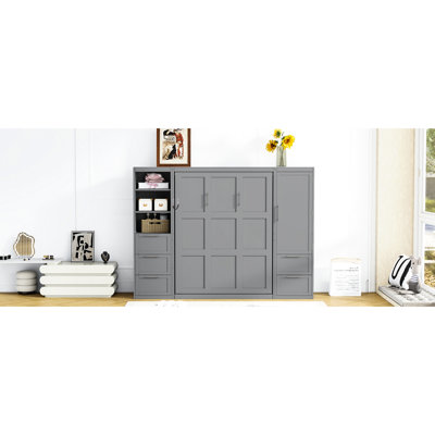 Gray Queen Bed With Under - Bed Storage And Closet For Space Saving Side Flip Integrated Function