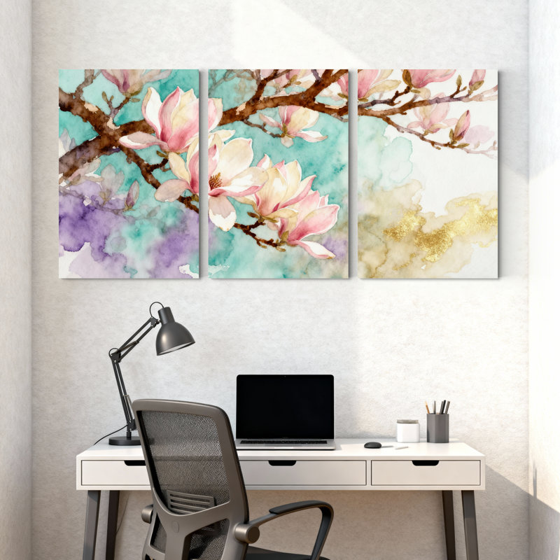 «Magnolia Watercolor Magnolia Blossoms On Branches», ensemble de 3 impressions sur toile, H 18 po x l 36 po