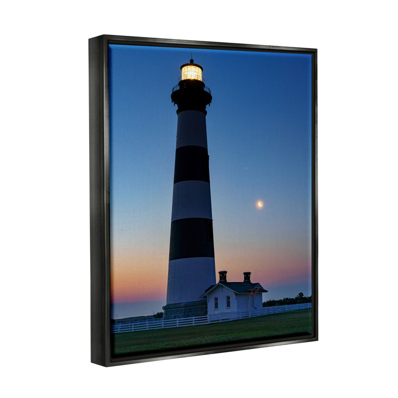 «Blue Moonlit Lighthouse Coast Floater», art mural par Rick Berk, Cadre flottant noir de jais, H 21 po x l 17 po x P 1,7 po